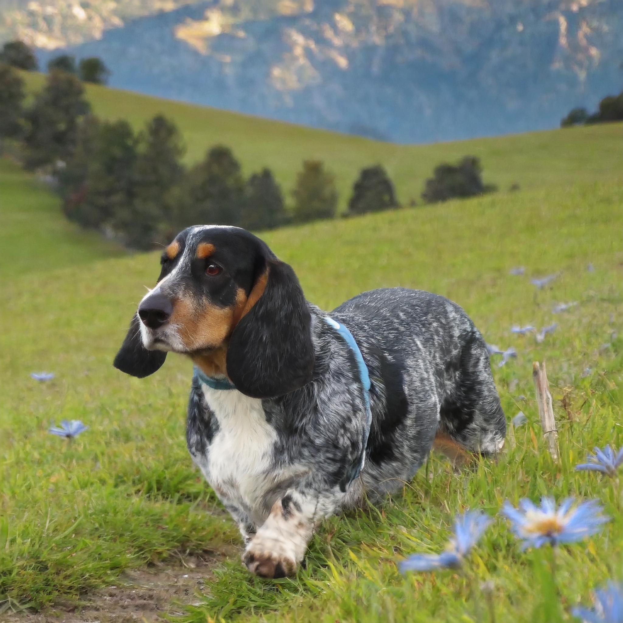 The Basset Bleu de Gascogne enjoying his daily walk through the open nature